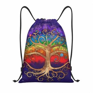 albero della vita Golden Swirl e arcobaleno con coulisse Zaino Donna Uomo Palestra Sport Sackpack Pieghevole Vikings Borsa da allenamento Sacco P1XF #