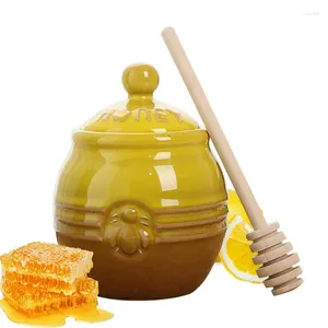 Dinnerware Honey Jars With Lids Ceramic Jar Retro Bee Decor Wooden Stirring Stick And Sealing Cover Small Container For