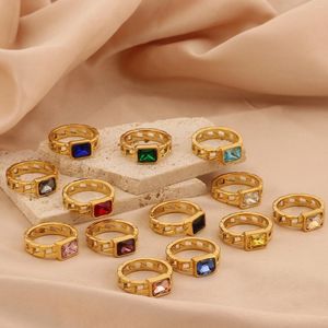 Wedding Rings Small Square Multi Color Zircon Stainless Steel Women's Ring Personalized Fashion 18K Gold Plated Jewelry Gift