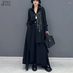 Женские брюки из двух частей с буквенным принтом, свободный крой, женский комплект в японском стиле, хипстерская длинная черная рубашка и широкие брюки, повседневная уличная одежда JJSE057