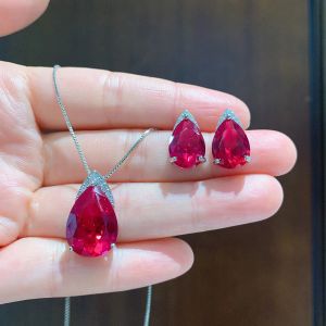 Necklaces 2020 Trend Wedding Jewelry Sets for Women Synthetic Ruby Gemstone High Carbon Diamonds Pendant Necklace Earrings Female Gifts
