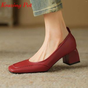 Klänningskor Krazing Pot Cow Leather Med Heels Spring Slip On Square Toe Dating Beauty Party Party Concise Style Women Greatow Pumps