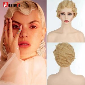 Wigs AOSIWIG Short Curly Cosplay Wig Black Finger Waves African Afro Natural Hair Synthetic Wigs For Black Women Heat Resistant