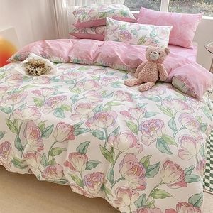 Bedding Sets Four-Piece Set Fresh Pure Cotton Quilt Cover Fitted Sheet Simple Double-Sided Color Matching Cartoon Animal Print Cute