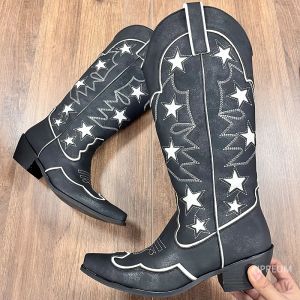 Ippeum Western Cowboy Boots Star Leather Black 2024 Ny in Women Wide Calf Chunky Heel Girl Shoes Cowgirl Plus Size 43