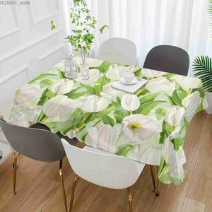 Table Cloth Romantic White Tulip Flower Rectangle Tablecloth Kitchen Dining Table Decor Reusable Waterproof Table Covers Wedding Decorations Y240401