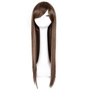 Perucas FeiShow Peruca Reta Sintética Fibra Resistente ao Calor Longa Luz Marrom Hairpiece Salão Oblíquo Franja Mulheres Inclinadas Bangs Cabelo