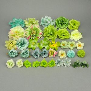 Dekorativa blommor 36 st gröna falska blommhuvuden kombinationer set diy vårdekor material pack blandad storlek för hantverk krans krona krona