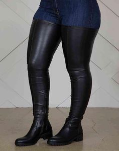 Big Size 43 Black Over Knee High Boots Stretch Fabric Fit All Size Ladies Round Toe Thigh High Long Boots Low Chunky Heel Y11266668685