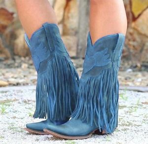 Para mulheres plataforma franja borla midcalf longo joelho inverno botas ocidentais sapatos de cowboy botas mujer 201031285s8722999
