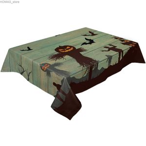 Toalha de mesa Halloween Espantalho Abóbora Grão de Madeira Retângulo Toalha de Mesa Cozinha Decoração À Prova D 'Água Toalha de Mesa Decorações de Festa de Férias Y240401