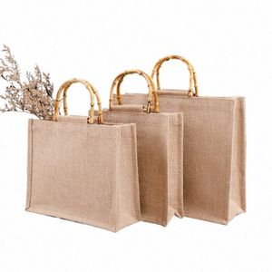vintage Bamboo Jute Bags Waterproof Burlap Tote Bag Casual Large Capacity Beige Handbag Portable Beach Travel Organizer Bags r37D#