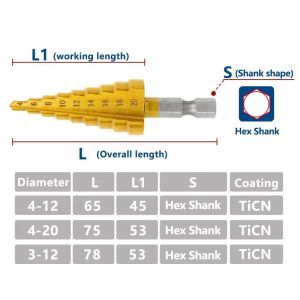 XCAN HSS Step Cone Drill Bit 3-12/4-12/4-20mm Hole Cutter Titanium Coated Wood Metal Stepped Drill Right Hole Borr Bit