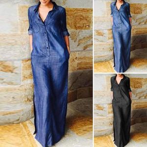 Lässige Kleider Damen A-Linie Jeanskleid Bohemian Maxi mit Kragen geteiltem Saum für Herbst Frühling Damenmode in Übergröße Halb