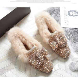 Casual Shoes 34-43Big Size Crystal Beading Fur Moccasins Women Winter Square Toe Warm Plush Loafers Female Glitter Pearl Mink Flats