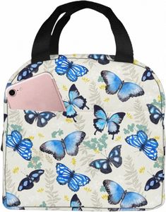 blue Butterfly Lunch Bag Portable Insulated Lunch Box Reusable Cooler Thermal Meal Tote for Women Girls Work School Picnic m86t#