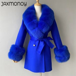 Кашемировое пальто Jaxmonoy Women с настоящим воротником Fox Fur и манжетами Осень Зимняя ЗИМА.