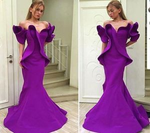 2019 Purple Organza Stain Dubai Arabic Offshoulder Mermaid Dresses Party Evening Wear Ruffles Trumpet Backless Occasion Prom Dres6196423