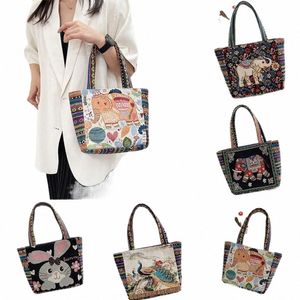 embroidery Elephant Ethnic Style Handbag Casual Peacock Rabbit Canvas Tote Bag Animal Canvas Handbag Girls y2Tv#