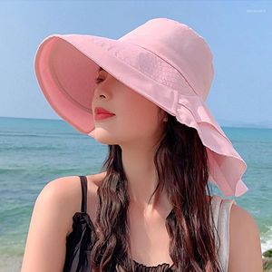Breda brim hattar kvinnor bow-knot lätt hink mode dold hål stor hatt anti-uv sun strand hals skydd fiskare