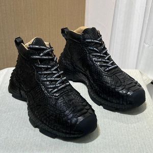 Sapatos Casuais Python High-top Masculino Tendência Com Couro Real Lace-up Preto Desgaste