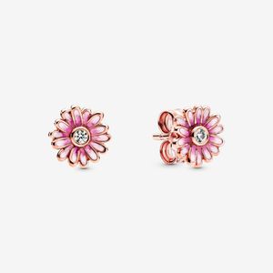 Ny ankomst Autentisk 925 Sterling Silver Pink Daisy Flower Stud örhängen Fashionörhängen smycken Tillbehör för kvinnor gåva298r