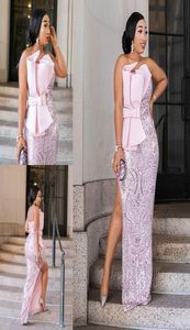2020 Pink Mermaid Prom Dresses Pärlor Stropplösa Neck Appliqued paljetter Festklänningar Högdelade turkiska Vestidos Formell klänning Evening4535293