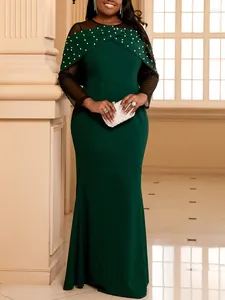 Plus storlek klänningar aomei elegant maxi sjöjungfru klänning kvinnor pärlan mesh panel långärmad vintage grön kväll gästevenemang klänningar