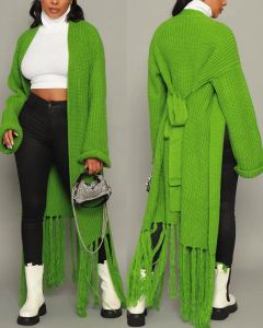 Tied Detail Tassel Design Knit Cardigan Kintted Women Long Jacket Autumn Winter Green Crochet Loose Sweater Warm Jumper Cardigan