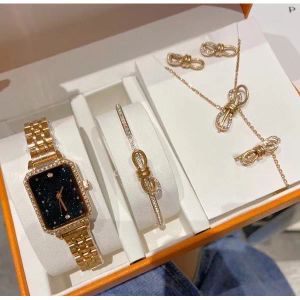 Womens 5 Sets with Watch Necklace Bracelet Earring Ring Gift box Rectangle Wristwatches For ladies Christmas gifts Valentine's Day present Luxury Designer Watches