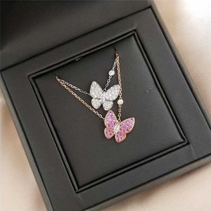 Fashion 925 Sterling Silver Van Full Diamond Butterfly Necklace Plated with 18K Gold Powder White Pendant Collar Chain High Version With logo