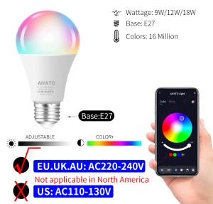 Tuya WiFi Bluetooth LED -glödlampa Smart Life App Control Dimable 9W 18W E27 220V RGB+CW+WW Color Change Lamps Kompatibla iOS/Android