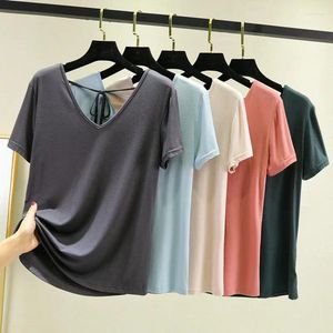 Camiseta feminina modal solta sem costas, manga curta, verão, camiseta fina, laço, fundo cruzado, tops, cor sólida, todos os jogos