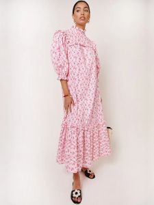 Französisches schickes und elegantes Damenkleid, rosa Blumen, Puffärmel, lockeres lässiges langes Kleid, elegantes Luxus-Damenkleid mit Blumenmuster
