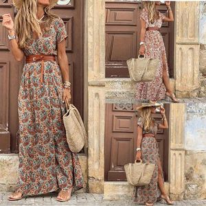 Partykleider Damenmode Kleid Schöner Druck Bohemian V-Ausschnitt Blumen Kurzarm Kleidung