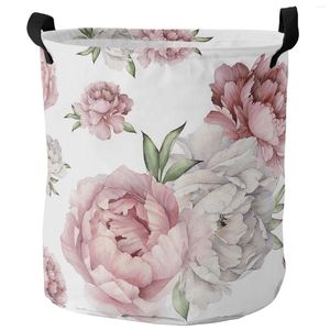 Tvättväskor vintage blommor rosa pion peony vit fällbar korg barn leksak förvaring vattentätt rum smutsiga kläder arrangör