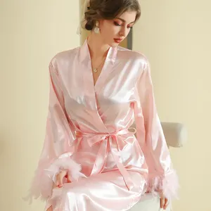 Home Clothing Feather Kimono Bathrobe Lady Satin Nightwear Lounge Sleepwear Sexy Nightdress Bride Wedding Morning Gown Women Casual