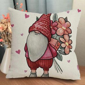 Kudde Soft Linen Cover Valentine's Day Gnome Doll Kudde Rött Vitt hjärtmönster Soffa för sovrumsbil Hem