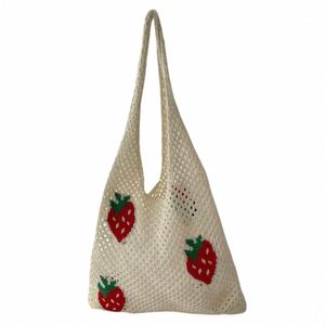 women Large Capacity Shoulder Bag Stylish Strawberry Cherry Pattern Crochet Tote Bag All-Match Bag Cute Fanny Pack Knitting 27Hg#