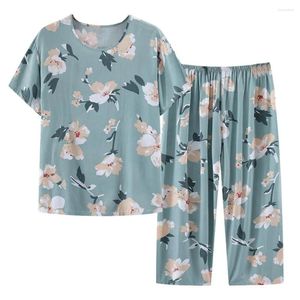 Conjunto de calças de cintura elástica para casa, pijama feminino elegante de meia-idade com estampa de flores, manga curta, top largo para mãe