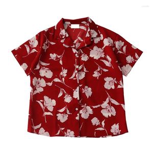 Blusas femininas verão hong kong estilo retro harajuku impresso camisa 2024 gola sob medida solta manga curta chiffon topo