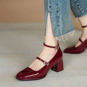 red mary jane shoes heels Women's Shoes Mary Jane 2024 Spring summer New Thick-heeled High-heeled Retro Square Toe Pumps