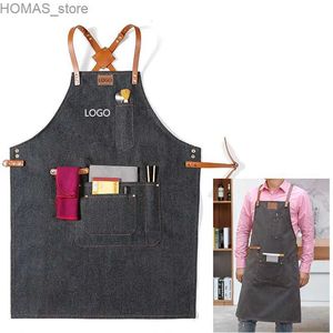 Schürzen Diy Brand Stickerei Kitchen Schürze Schönheit Salon Café Coffee Shop Work Accessoires Uniform Denim Leinwand Lederbänder Schürze Y240401