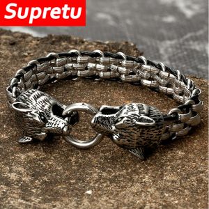 Bracelets Vikings Stainless Steel Double Wolf Head Bracelets Men Bite Ring Wristband Hand Accessories Punk Animal Jewelry Boyfriends Gifts