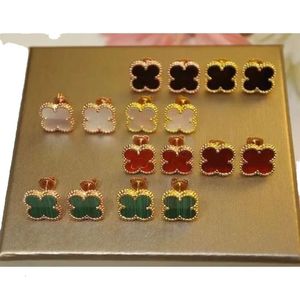 High Quality Sier Plated Real Gold Four-leaf Clover White Fritillary Earrings Carnelian Black Agate Ear Buckle