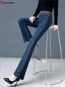 Винтажные джинсы-клеш с высокой талией, весенние джинсовые брюки с принтом, женские брюки большого размера, 75 кг, эластичные повседневные узкие брюки Vaqueros, 240318