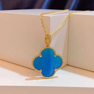 Fashion 925 sterling silver Van large four leaf clover necklace plated with 18k blue agate double-layer lucky grass pendant sweater chain With logo