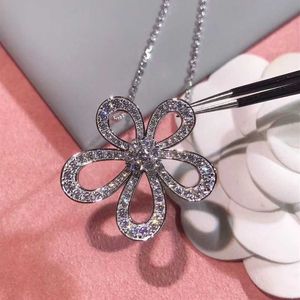 Fashion 925 sterling silver Van sunflower necklace plated with 18K white gold full diamond large flower pendant collarbone chain exquisite high version With logo