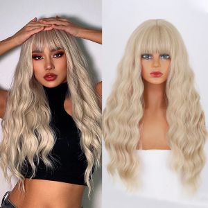 Wigs VOGUESI Synthetic Long Wig Blonde Wavy Wig with Bangs Synthetic Heat Resistant Fiber Hair Cosplay Blonde Long Wig for Women