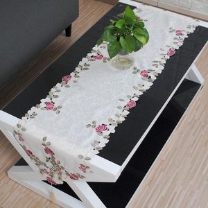 Table Runner Yazi Embroidered Flower Rose Cutwork Beige Fabric Tassels Tablecloth Wedding Party Decor 3 Size